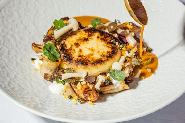 Potato dumpling filled with porcini ragout and pickled wild garlic