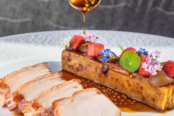 Tender roasted pork loin with cabbage pasta and rhubarb