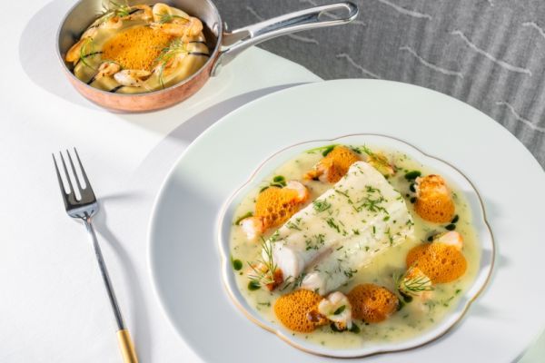 Kárpáti style poached pike perch with Sicilian red shrimp and mushroom-stuffed house pasta