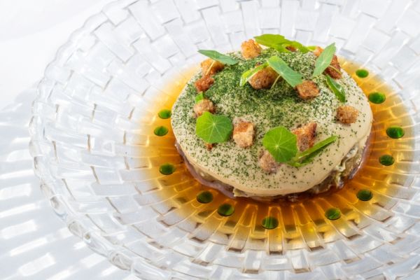 Grilled eggplant salad with arugula pesto and spring radishes