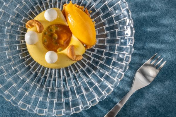 Cashew “cheesecake” with apricot and passion fruit