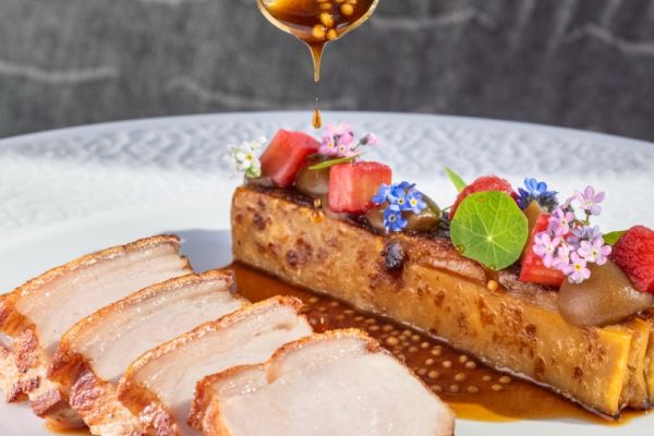 Tender roasted pork loin with cabbage pasta and rhubarb