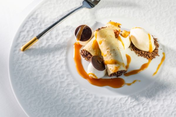 Pancake filled with Piedmont hazelnut cream, milk chocolate and miso salted caramel